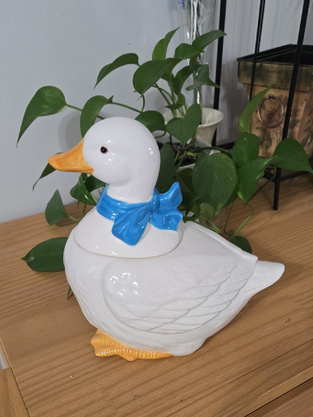 Vintage White Ceramic Duck Cookie Jar With A Blue Ribbon In EUC